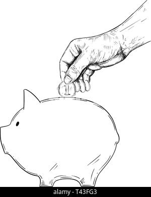 Vector black and white drawing of hand putting coin in piggy bank. Metaphor of investment and finance. Stock Vector