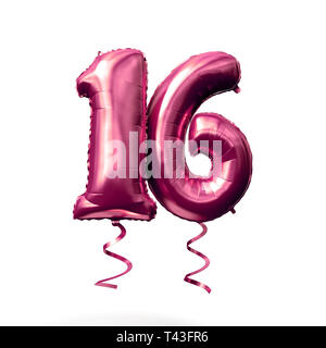 Number 16 rose gold helium balloon isolated on a white background. 3D Render Stock Photo