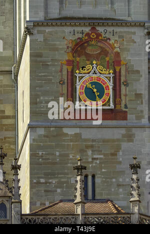 Church clock at the Minster of Our Lady in Konstanz at Lake Constance, Baden-Wurttemberg, Germany, Europe. Stock Photo
