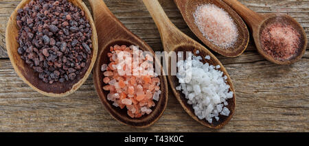 Salts variation. Himalayan rock, black and pink color crystals and powder in wooden spoons and background, banner, top view Stock Photo