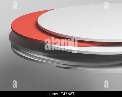 Cylindrical podium object made of random shifted disks flying over empty white wall, 3d render illustration Stock Photo