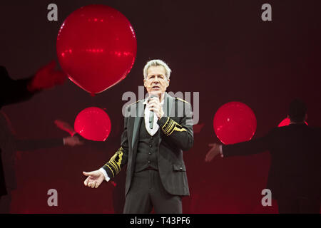 Milan, Italy. April 12, 2019. Claudio Baglioni sings on stage during his Italian Tour Stock Photo