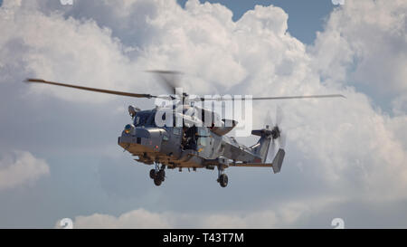 YEOVILTON, UK - 7th July 2018:  A Royal Navy Lynx HMA.8  helicopter in flight approaching Yeovilton  airfield in south western UK Stock Photo