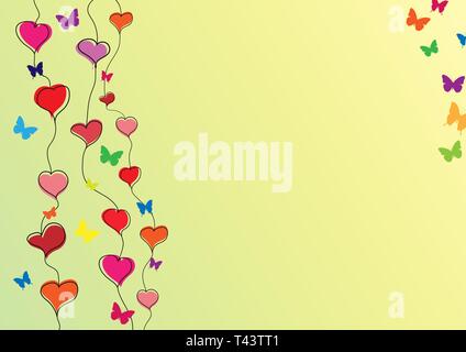 Gradient background with hearts and butterflies for design and decoration. Stock Vector