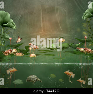 Fantasy green pond with water lilies and fish Stock Photo