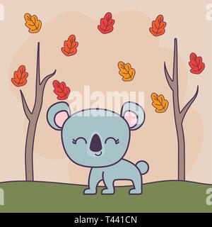 cute koala in forest scene with leafs vector illustration design Stock Vector