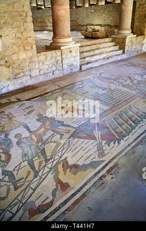 Wide picture of the Ambulatory corridor of the Great Hunt Roman mosaic and the entrance to the audience hall, room no 28, at the Villa Romana del Casa Stock Photo