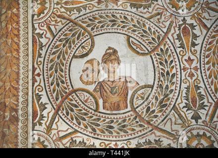 Detail of a  Roman mosaics design depicting the nine muses, from the Maison du Mois, ancient Roman city of Thysdrus. 2nd half of 3rd century AD. El Dj Stock Photo