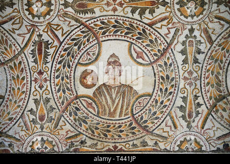 Detail of a  Roman mosaics design depicting the nine muses, from the Maison du Mois, ancient Roman city of Thysdrus. 2nd half of 3rd century AD. El Dj Stock Photo