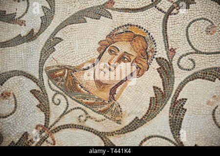 Detail picture of a Roman mosaics design depicting the Four Seasons, from the Maison de la Procession Dionysiaque, ancient Roman city of Thysdrus. 2nd Stock Photo