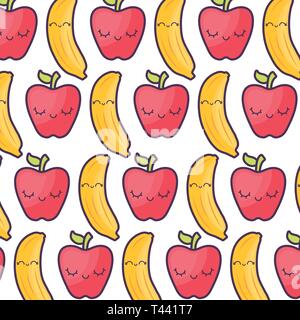 pattern of apples with bananas kawaii character vector illustration design Stock Vector