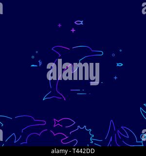 Jumping Dolphin Vector Line Illustration. Marine Life, Underwater World, Sea Creature Gradient Icon, Symbol or Pictogram, Sign. Dark Blue Background. Stock Vector