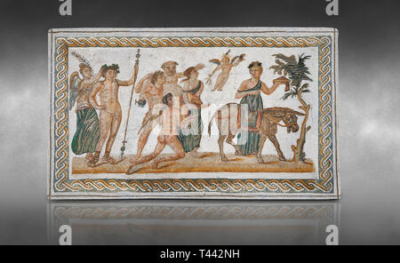 Picture of a Roman mosaics design depicting scenes from the Life of Dionysus, from the ancient Roman city of Thysdrus, House of Silenus. Late 2nd to e Stock Photo