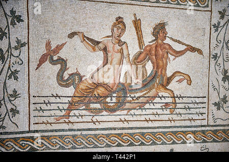Picture of a Roman mosaics design depicting scenes from the Life of Dionysus, a scene with Ichthyocentaurs, fish tailed centaurs and Nereids, from the Stock Photo