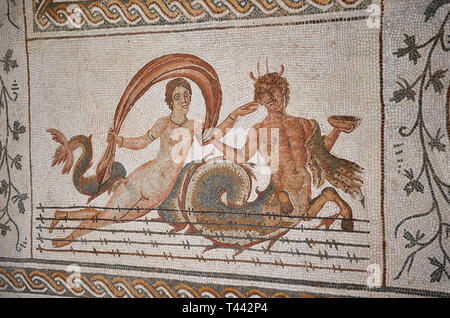 Picture of a Roman mosaics design depicting scenes from the Life of Dionysus, a scene with Ichthyocentaurs, fish tailed centaurs and Nereids, from the Stock Photo