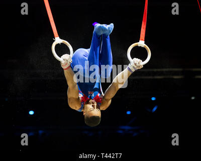Birmingham, England, UK. 23 March, 2019. Great Britain's Joe Fraser in action during the men's rings competition, during the 2019 Gymnastics World Cup