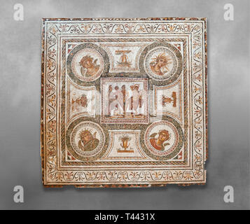 Roman mosaic depicting in its centre panel the victory of Apollo who is being crowned Marsyas in the mythical legend of The Four Seasons. Late 2nd ce Stock Photo