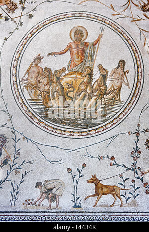 Roman mosaic panel of the Triumph of Neptune and  the mytrhical legend of The Four Seasons. From the private baths at Caput Vada (La Chebbs). End of t Stock Photo