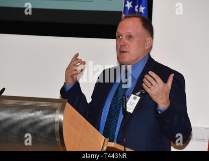 GARMISCH-PARTENKIRCHEN, Germany (March 13, 2019) – Retired U.S. Marine Corps Col. James Howcroft, program director for the Program on Terrorism and Security Studies at the George C. Marshall European Center for Security Studies, gives a course overview to the 63 participants from 47 countries attending PTSS 19-07 here March 13.