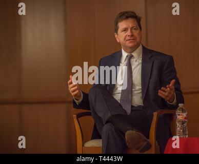 The Honorable Jay Clayton, chairman of the U.S. Securities and Exchange Commission, discusses financial responsibility at a town hall meeting at Marine Corps Support Facility New Orleans, March 14, 2019. Clayton was nominated to chair the SEC on Jan. 20, 2017 by President Donald J. Trump and was sworn in on May 4, 2017. Stock Photo