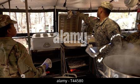 JOINT BASE CAPE COD, Mass. -- Food Service Specialists competing for the Philip A. Connelly Award Program for Excellence In Army Food Service from the 1058th Transportation Company, Massachusetts Army National Guard, serve chicken parmesan out of a Mobile Kitchen Trailer (MKT) during a field exercise here, March 20, 2019. “Dedication from the Food Service Section and the supporting elements of the Field Sanitation Team, Kitchen Patrol Members, Cash Collection NCO, and Head Counter saw the section compete and succeed at the Regional level June 2018.  We are excited to have been selected to part Stock Photo