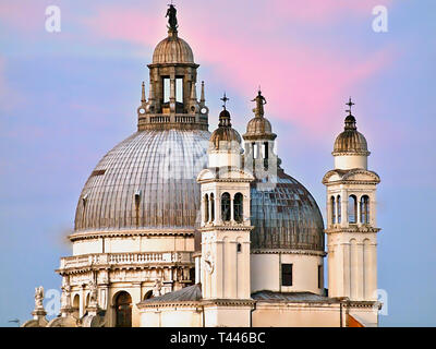 Aerial view of Santa Maria della Salute in Venice in Italy during sunset Stock Photo