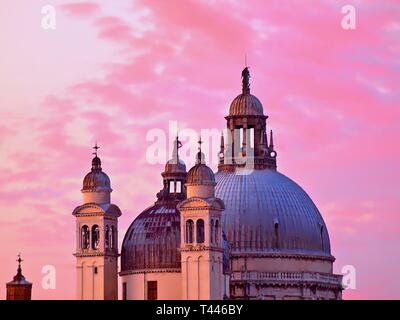 Aerial view of Santa Maria della Salute in Venice in Italy during sunset Stock Photo