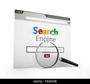 Magnifying glass on fictitious search engine website. 3D illustration. Stock Photo