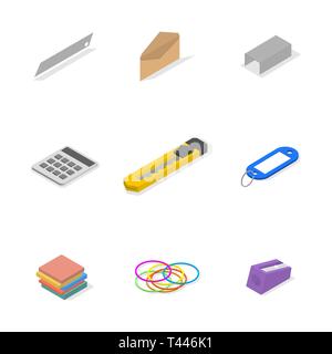 Set of icons isolated on white background, office and school. Flat 3d isometric style, vector illustration. Stock Vector