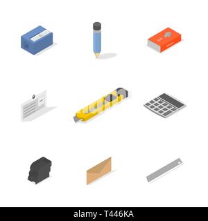 Set of icons isolated on white background, office and school. Flat 3d isometric style, vector illustration. Stock Vector