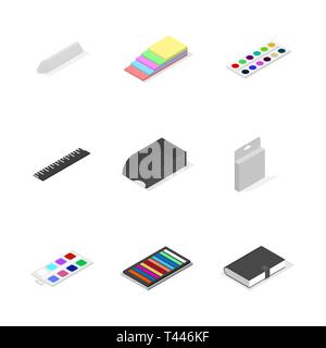 Set of icons isolated on white background, office and school. Flat 3d isometric style, vector illustration. Stock Vector