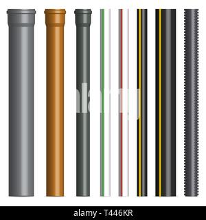 Set of various plastic pipes for sewage, gas and water pipe isolated on white background. Front view, vector illustration. Stock Vector
