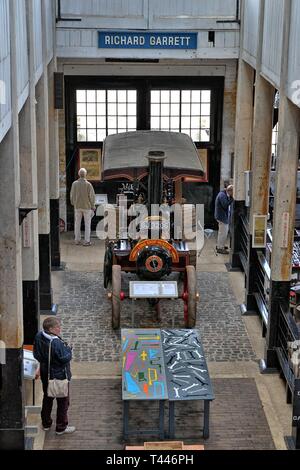 View from the gallery, including the Princess Marina Tractor from 1916, at the Long Shop Museum, Leiston, Suffolk, UK Stock Photo