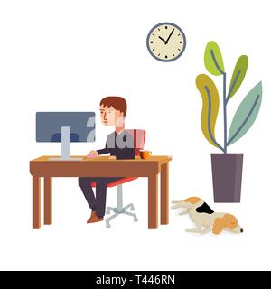 Businessmen work at the desk using a PC with orange coffee cup while the cute beagle dog sleeps on the floor. Vector illustration. Stock Vector