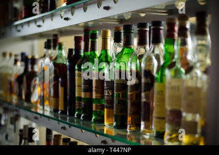Various whiskey bottles on a shelf behind the bar counter Stock Photo