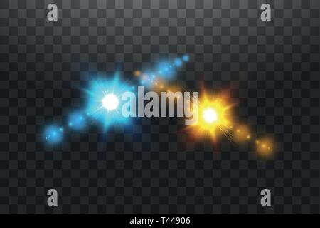 Vector illustration. Collision of two forces of blue and gold magical glares. Allocation of cold and hot energy. Stock Vector