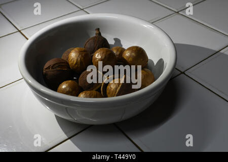 Fresh Macadamia Tree Nuts In A Bowl Stock Photo