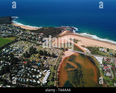 Aerial view of Narrabeen Lagoon, North Narrabeen Rockpool and Turimetta beach. Coast of Tasman sea in Sydney. Stock Photo