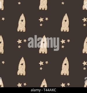 seamless pattern with Rocket, moon and star cracker-shaped cookies. Biscuit cookie cracker 10 eps Stock Vector
