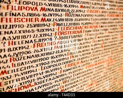 Detail of Pinkas Synagogue wall, covered with the names of the victims of the holocaust, Prague, Czech Republic Stock Photo