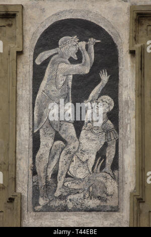 Cain and Abel depicted in the black and white Renaissance sgraffito on the House at the Minute (Dům u minuty) in Old Town Square (Staroměstské náměstí) in Prague, Czech Republic. Stock Photo