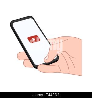 Hand holds a smartphone with a play video icon on screen Stock Vector