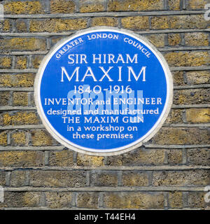 A blue plaque on the former workshop of Sir Hiram Maxim in Hatton Garden, London. Stock Photo