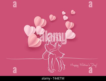 Happy Mother day card. Continuous one line drawing. Woman hold her baby with air balloons shaped as heart. Vector illustration Stock Vector