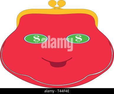 Flat drawing of a red wallet. Cartoon wallet with eyes. In the eyes, dollars. Isolated, white Vector Stock Vector
