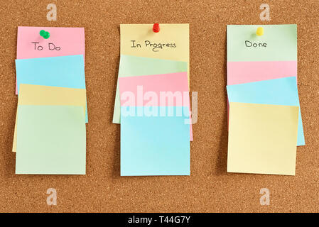 Colorful paper notes with words "To do", "In progress" and "Done" pinned on cork board Stock Photo