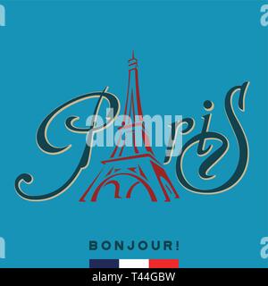 Vector image of the Eiffel Tower - the main symbol of Paris. Calligraphic writing of Paris. Stock Vector
