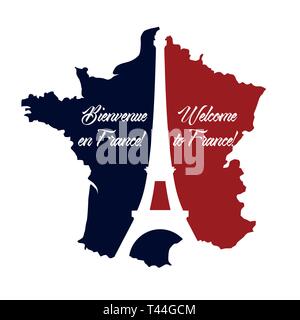 Poster Welcome to France. France map painted in the colors of the flag with the silhouette of the Eiffel Tower. Stock Vector