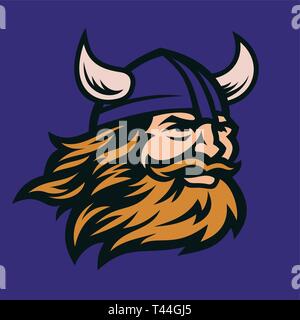 Viking head vector image. Head of bearded viking warrior with horned helmet. Stock Vector