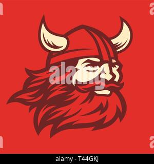 Viking head vector image. Head of bearded viking warrior with horned helmet. Stock Vector